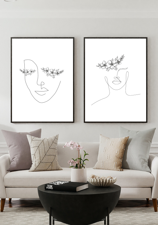 Poster za zid i okvir u setu lineart žensko lice glava s cvijećem