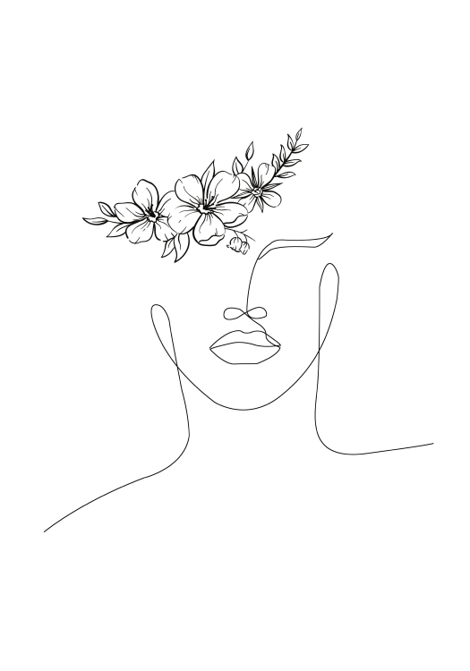 Poster za zid i okvir lineart žensko lice glava s cvijećem